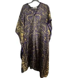 Winlar Women's Purple Gold V-Neck Satin Kaftan Nightgown swim coverup One Size